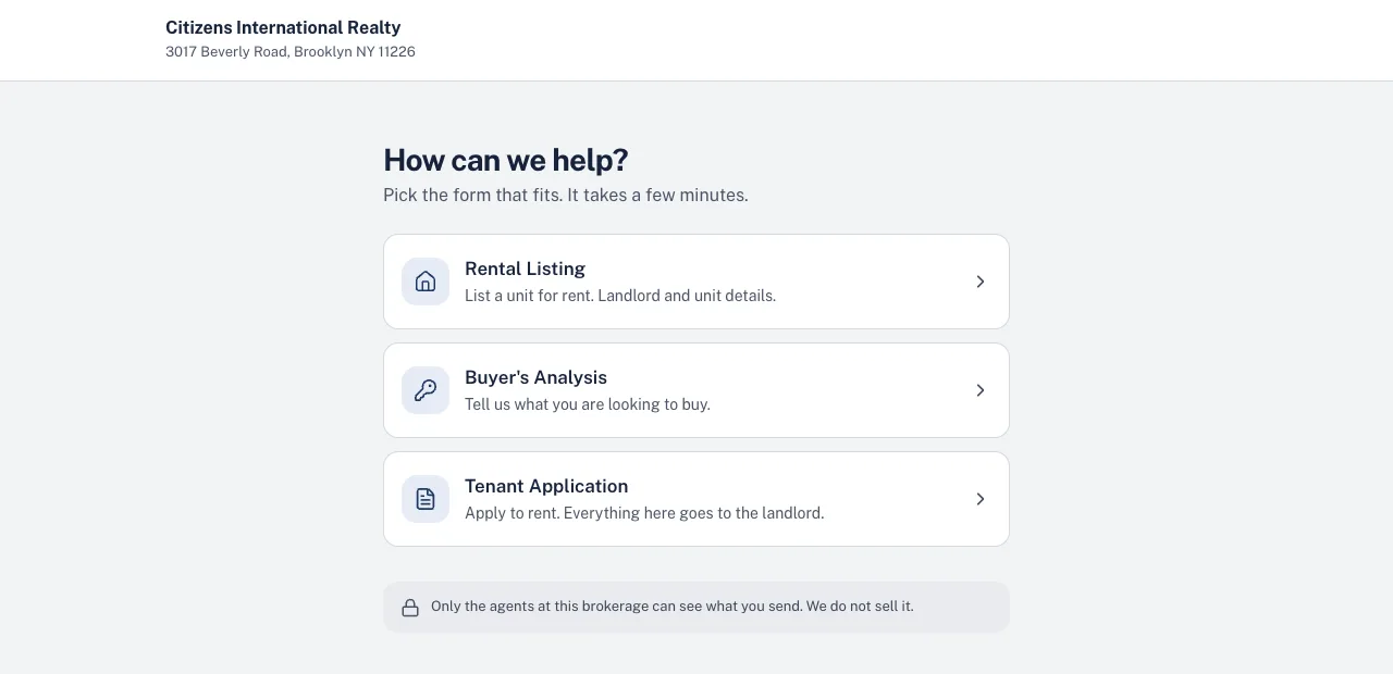 Groundwork intake page for Citizens International Realty. It asks how it can help and offers three forms: Rental Listing, Buyer's Analysis and Tenant Application, with a note that only the brokerage's agents can see what is sent.